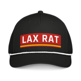 Lax Rat Hat, lacrosse rope hat from Lax Rat Supply Co. in black and white, front view