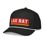 Lax Rat Hat, lacrosse rope hat from Lax Rat Supply Co. in black and white, left front view