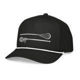 Then &amp; Now Hat, lacrosse rope hat from Lax Rat Supply Co. in black and white, left front view