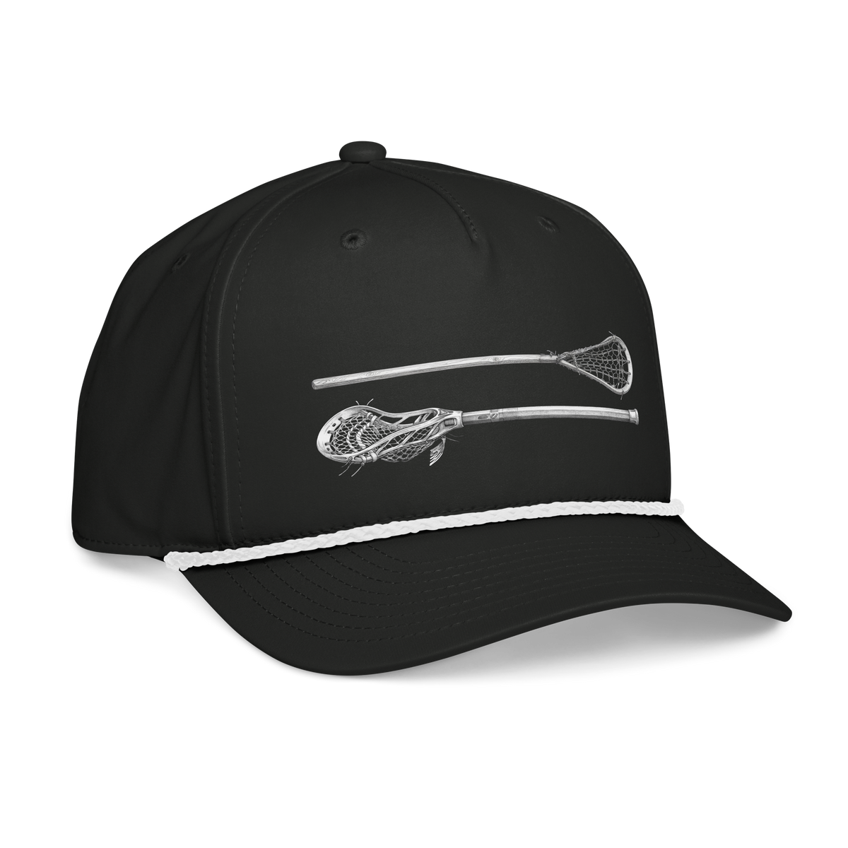 Then &amp; Now Hat, lacrosse rope hat from Lax Rat Supply Co. in black and white, right front view