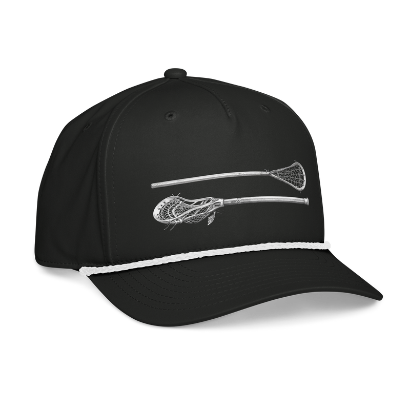 Then &amp; Now Hat, lacrosse rope hat from Lax Rat Supply Co. in black and white, right front view
