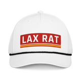 Lax Rat Hat, lacrosse rope hat from Lax Rat Supply Co. in white and black, front view