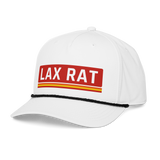 Lax Rat Hat, lacrosse rope hat from Lax Rat Supply Co. in white and black, left front view