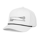 Then &amp; Now Hat, lacrosse rope hat from Lax Rat Supply Co. in white and black, left front view