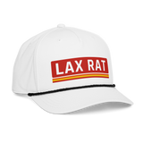 Lax Rat Hat, lacrosse rope hat from Lax Rat Supply Co. in white and black, right front view