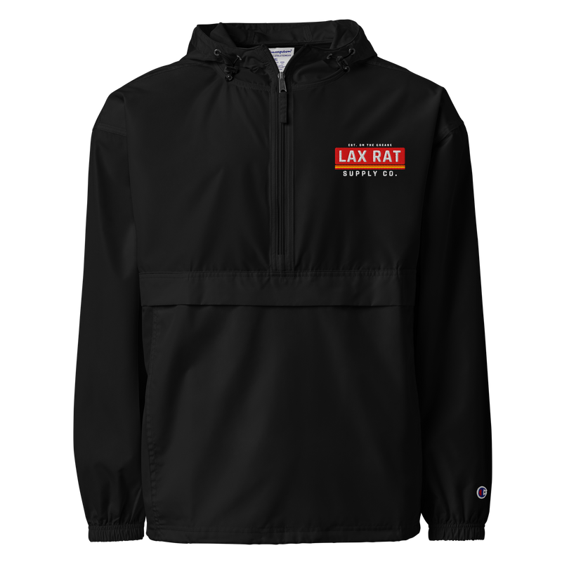 Lax Rat Packable Jacket, lacrosse packable jacket from Lax Rat Supply Co. in black, front view