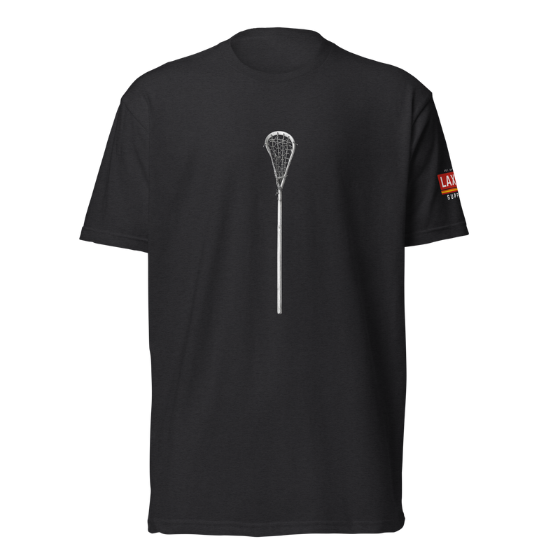 The Original Stick Tee, lacrosse t-shirt from Lax Rat Supply Co. in black, front view