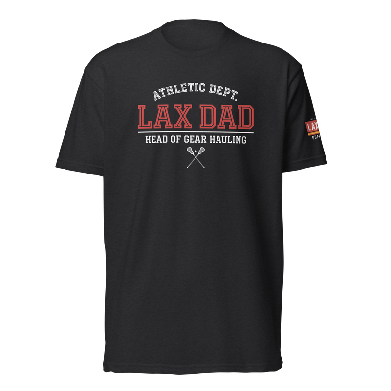 Lax Dad Athletic Dept. Black Tee, lacrosse t-shirt from Lax Rat Supply Co. in black, front view