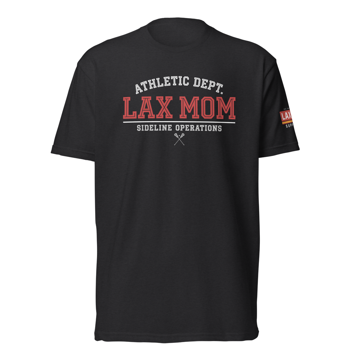 Lax Mom Athletic Dept. Black Tee, lacrosse t-shirt from Lax Rat Supply Co. in black, front view