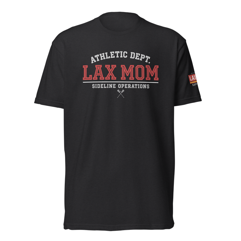 Lax Mom Athletic Dept. Black Tee, lacrosse t-shirt from Lax Rat Supply Co. in black, front view