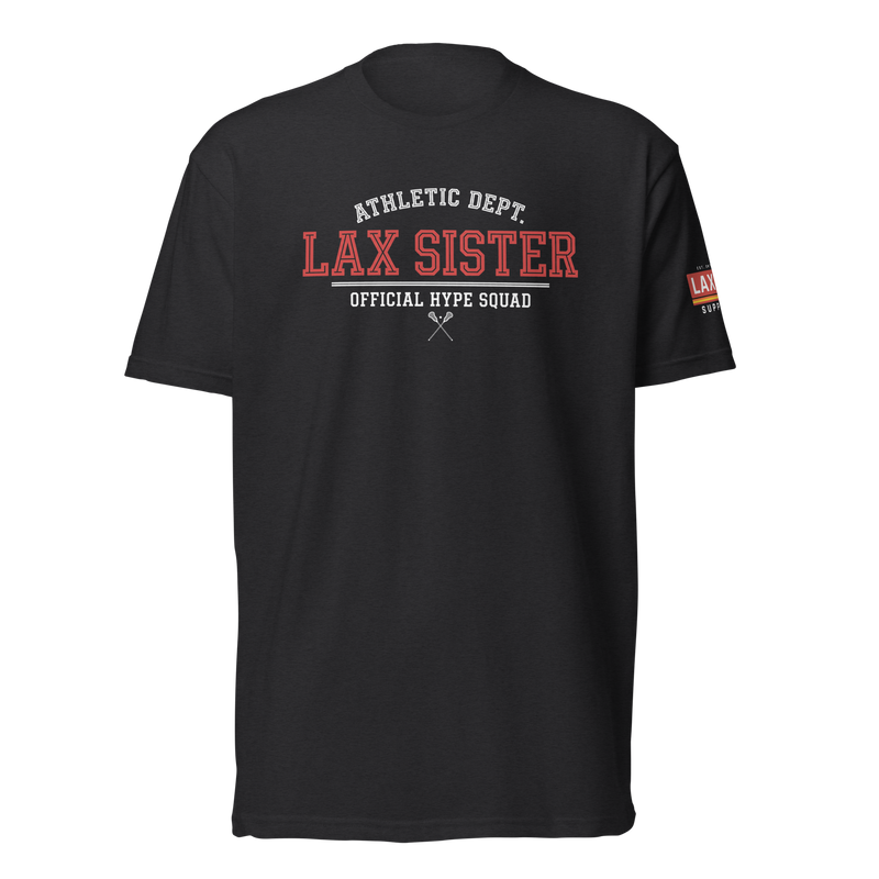 Lax Sister Athletic Dept. Black Tee, lacrosse t-shirt from Lax Rat Supply Co. in black, front view