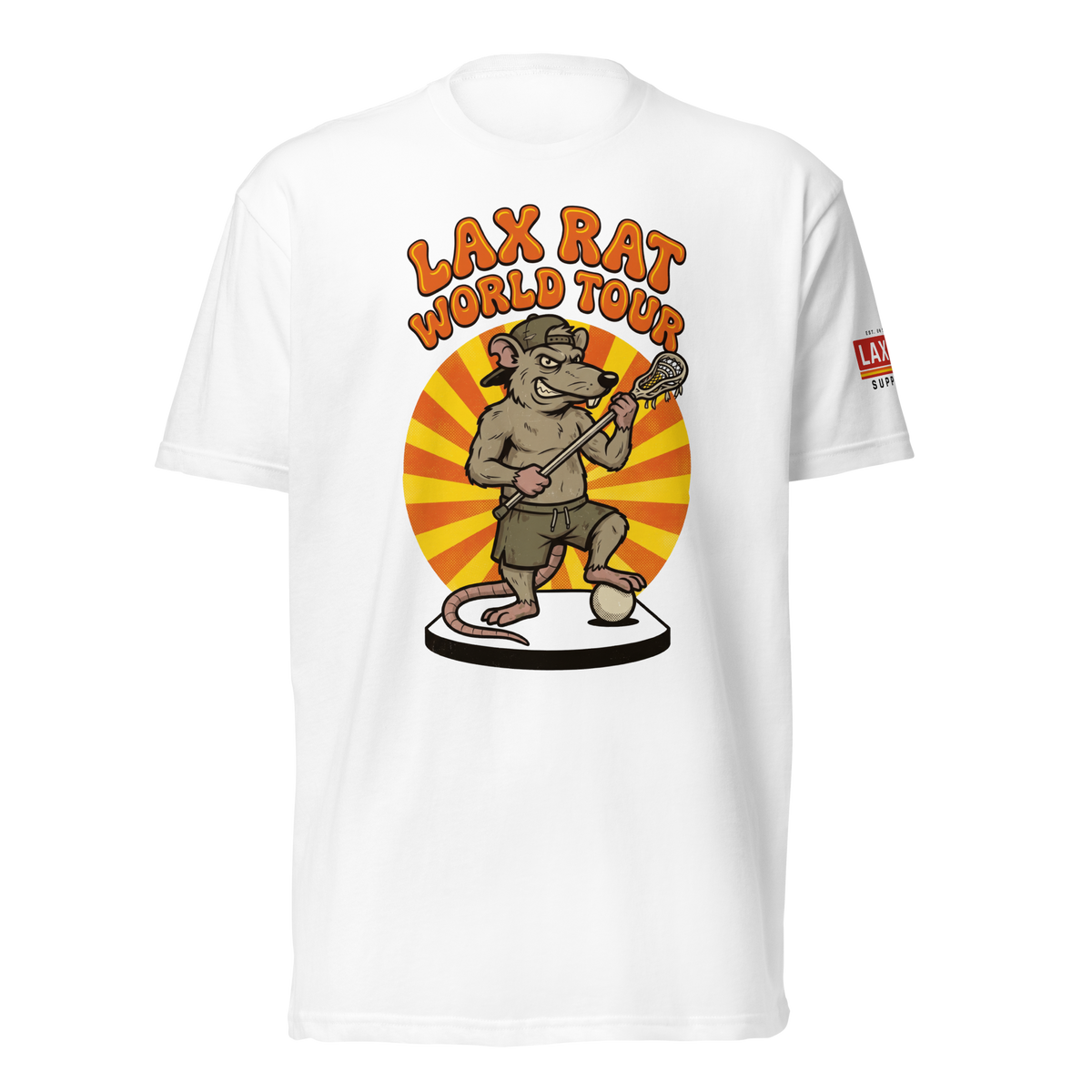 World Tour Tee, lacrosse t-shirt from Lax Rat Supply Co. in white, front view