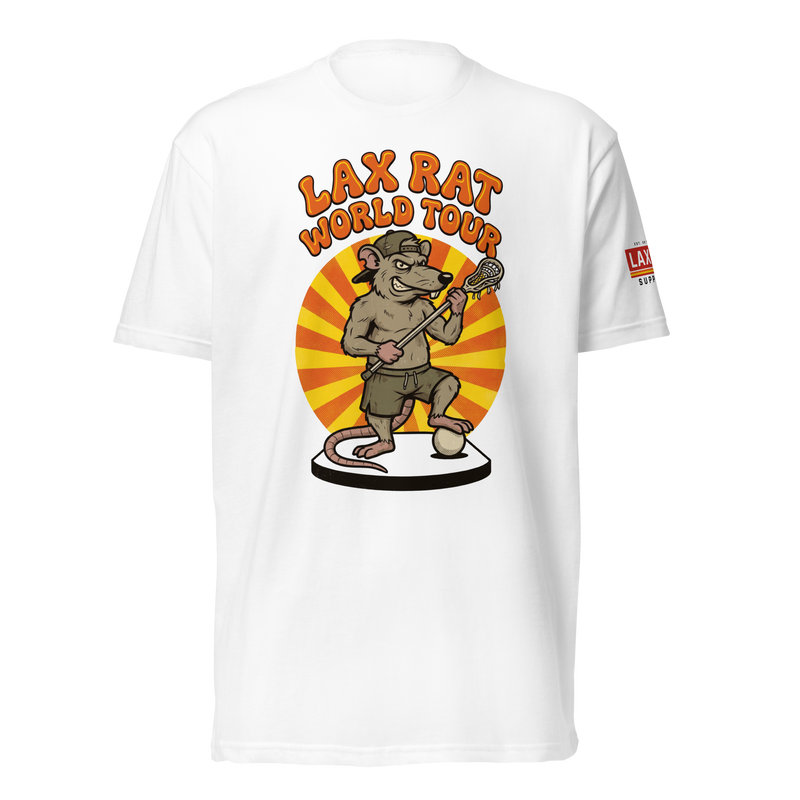 World Tour Tee, lacrosse t-shirt from Lax Rat Supply Co. in white, front view