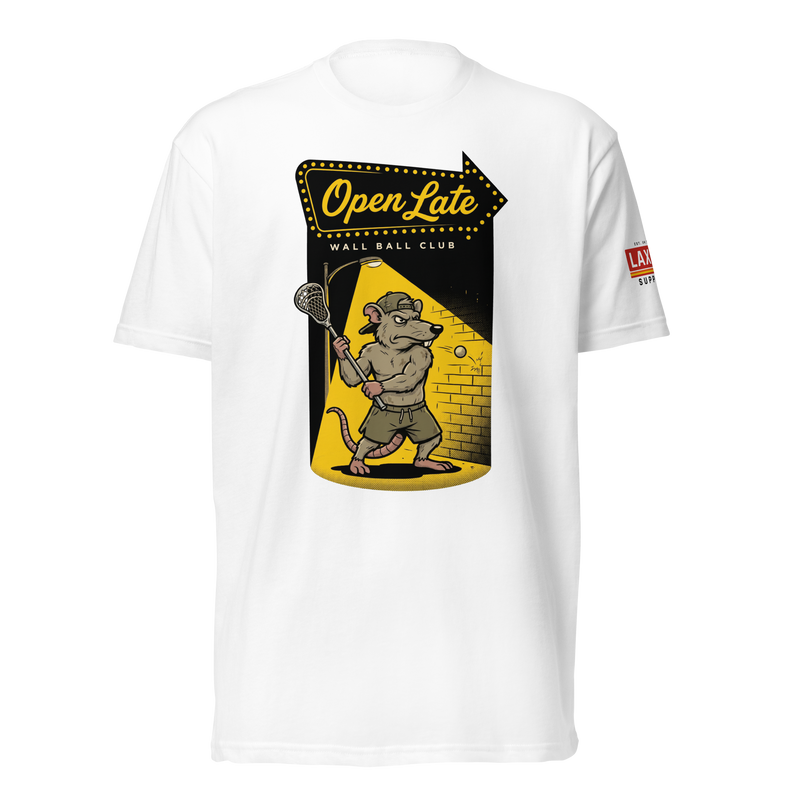 Wall Ball Club Tee, lacrosse t-shirt from Lax Rat Supply Co. in white, front view