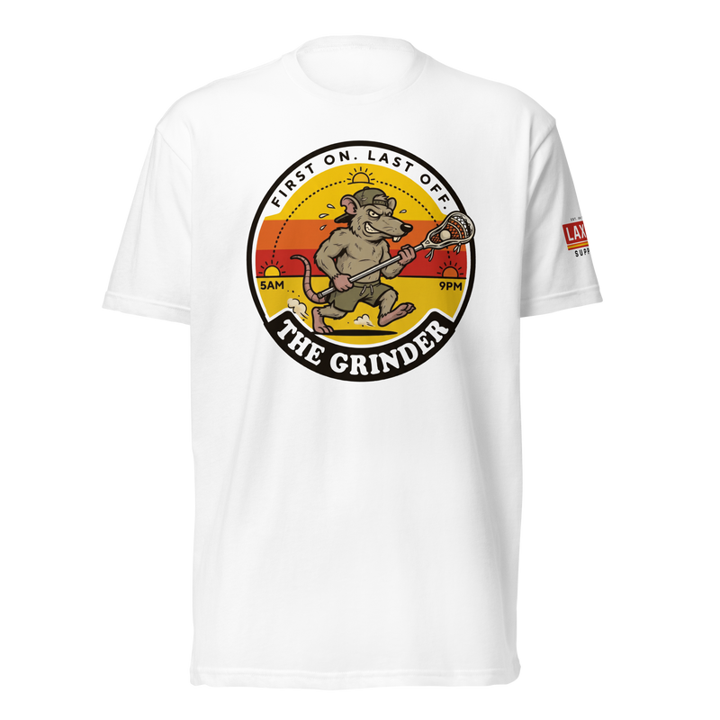 The Grinder Tee, lacrosse t-shirt from Lax Rat Supply Co. in white, front view