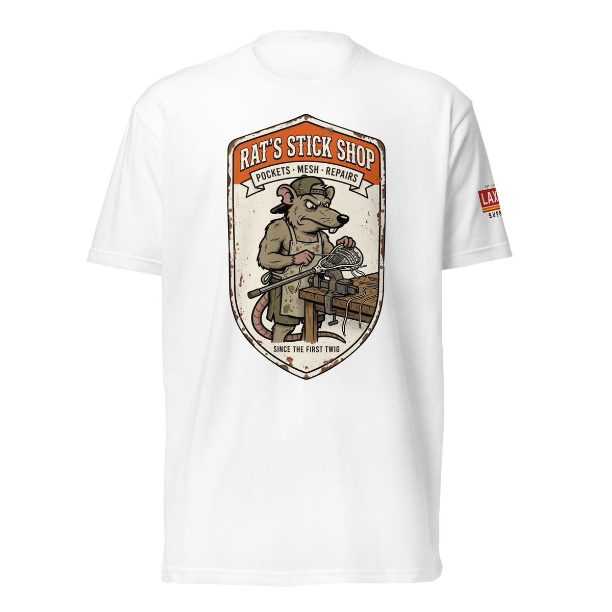 Rat's Stick Shop Tee, lacrosse t-shirt from Lax Rat Supply Co. in white, front view