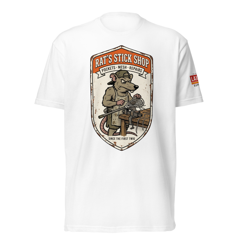Rat's Stick Shop Tee, lacrosse t-shirt from Lax Rat Supply Co. in white, front view