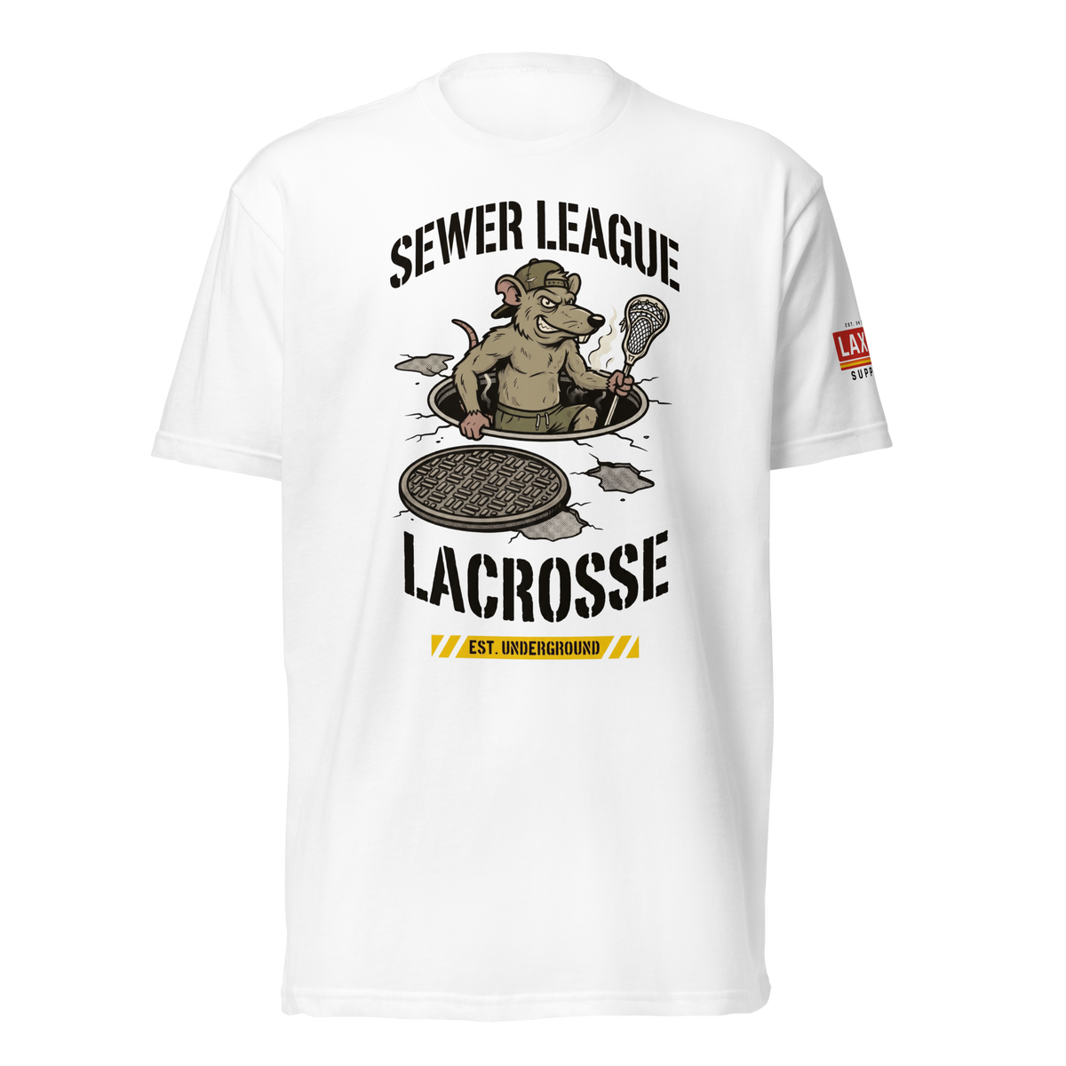 Sewer League Tee, lacrosse t-shirt from Lax Rat Supply Co. in white, front view
