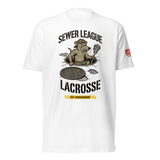 Sewer League Tee, lacrosse t-shirt from Lax Rat Supply Co. in white, front view