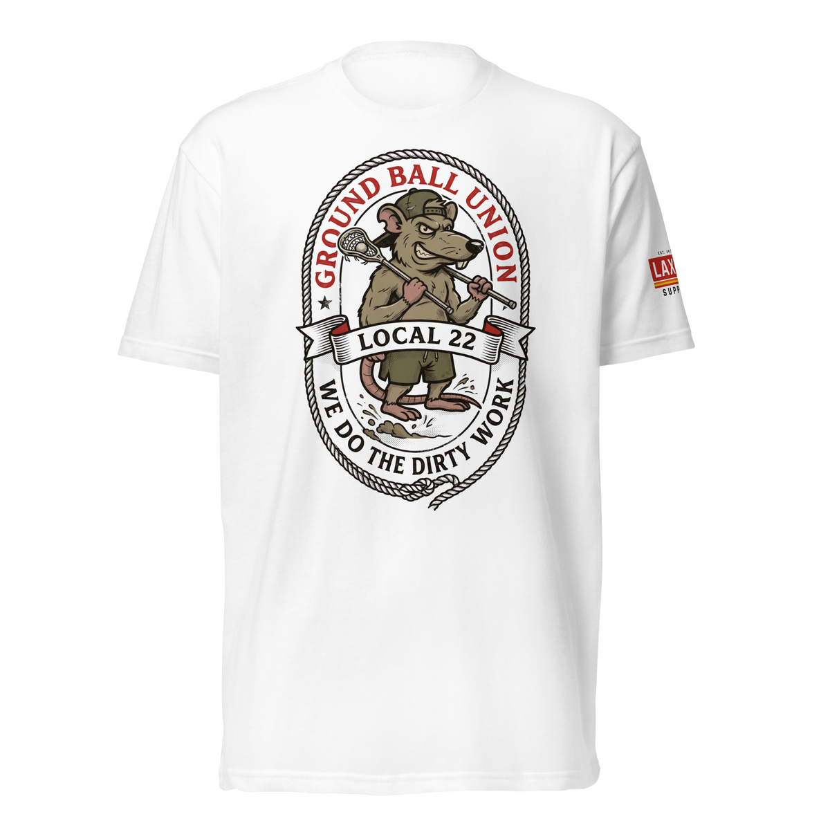 Ground Ball Union Tee, lacrosse t-shirt from Lax Rat Supply Co. in white, front view