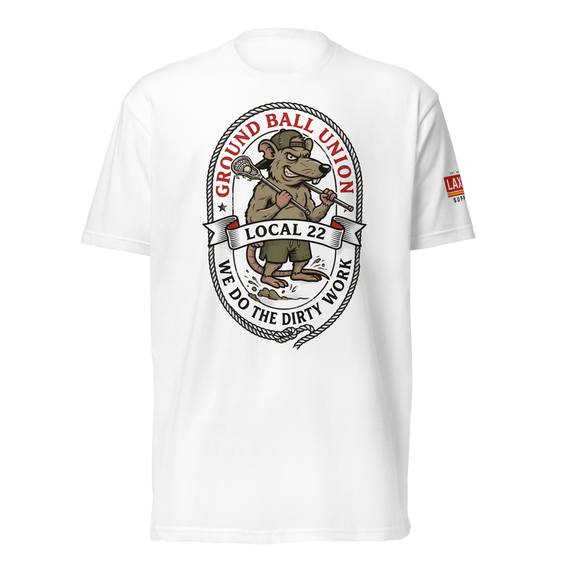 Ground Ball Union Tee, lacrosse t-shirt from Lax Rat Supply Co. in white, front view