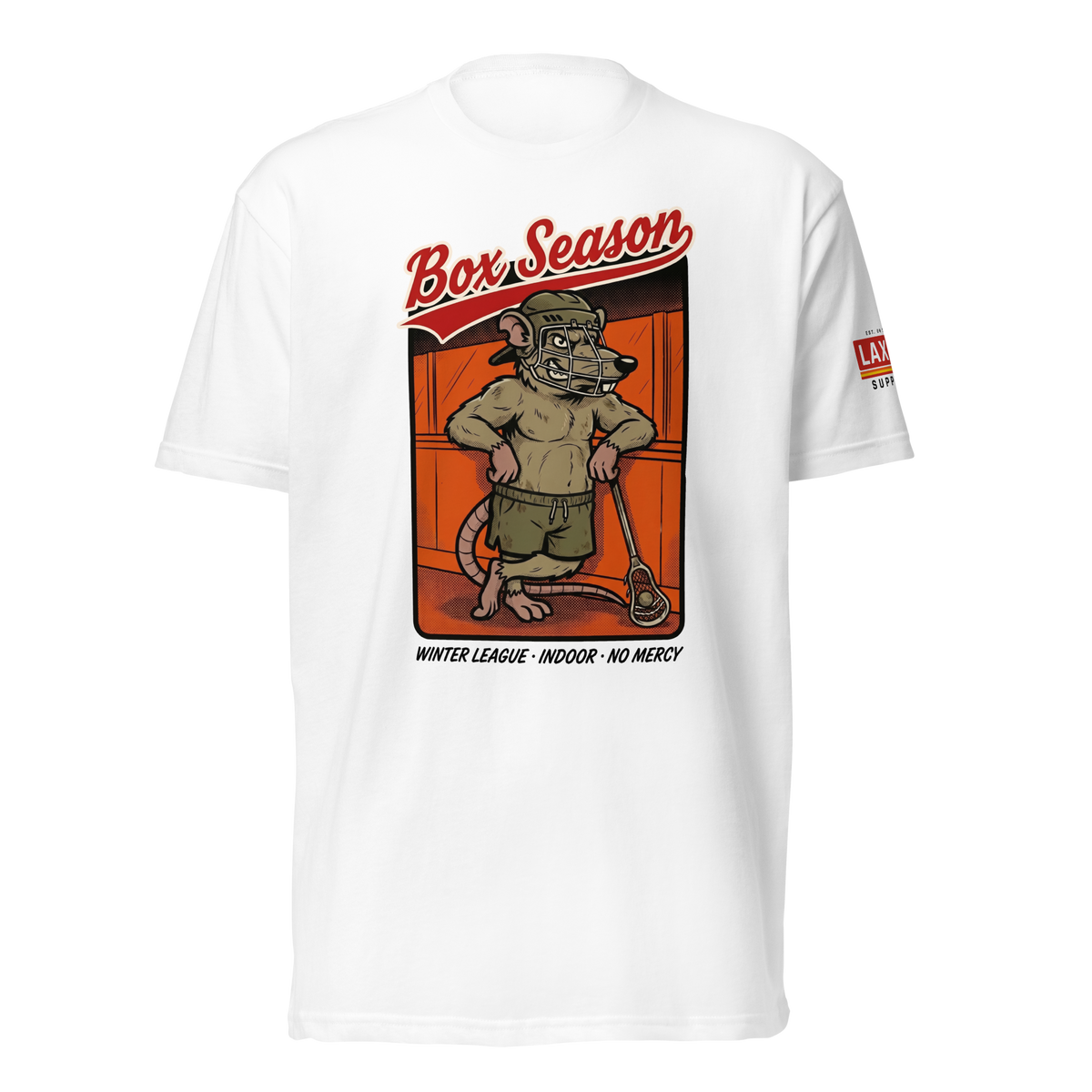 Box Season Tee, lacrosse t-shirt from Lax Rat Supply Co. in white, front view