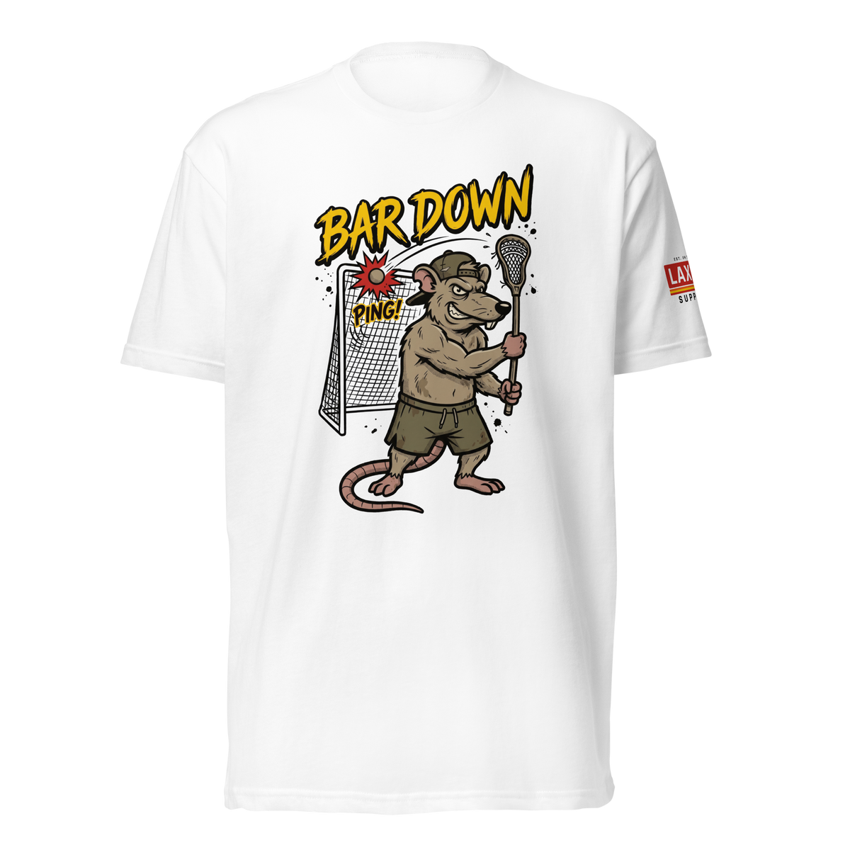 Bar Down Tee, lacrosse t-shirt from Lax Rat Supply Co. in white, front view