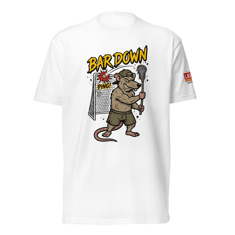 Bar Down Tee, lacrosse t-shirt from Lax Rat Supply Co. in white, front view
