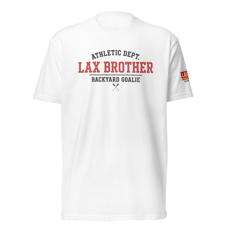Lax Brother Athletic Dept. White Tee, lacrosse t-shirt from Lax Rat Supply Co. in white, front view
