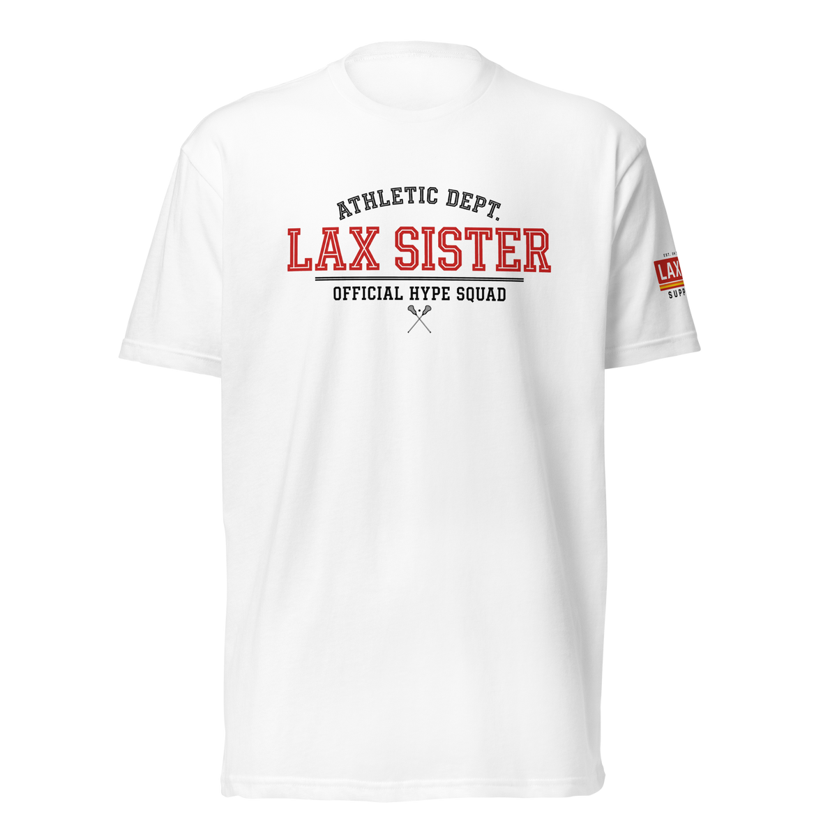Lax Sister Athletic Dept. White Tee, lacrosse t-shirt from Lax Rat Supply Co. in white, front view