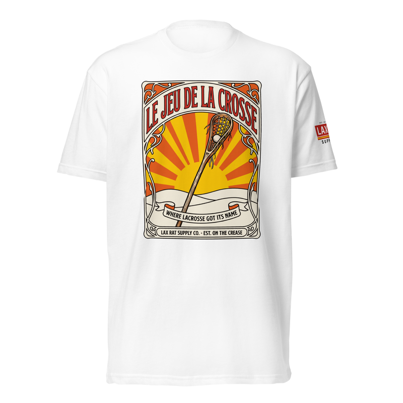 Le Jeu de la Crosse Tee, lacrosse t-shirt from Lax Rat Supply Co. in white, front view
