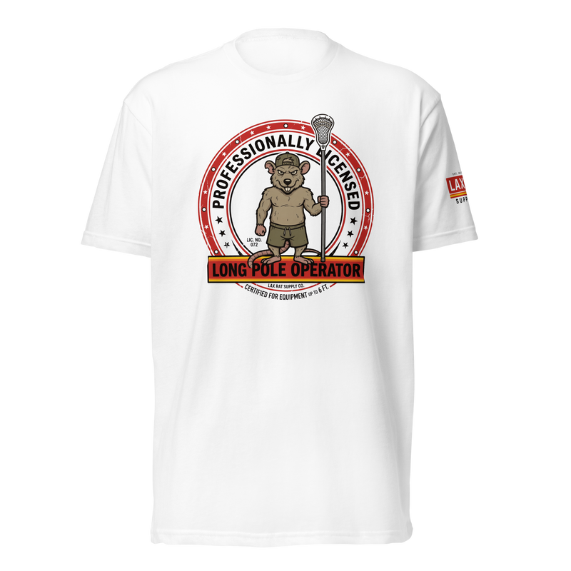 Long Pole Operator Tee, lacrosse t-shirt from Lax Rat Supply Co. in white, front view