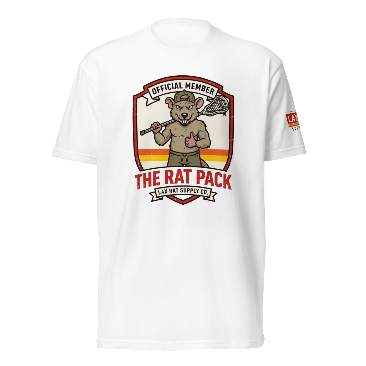 Rat Pack Member Tee White, lacrosse t-shirt from Lax Rat Supply Co. in white, front view