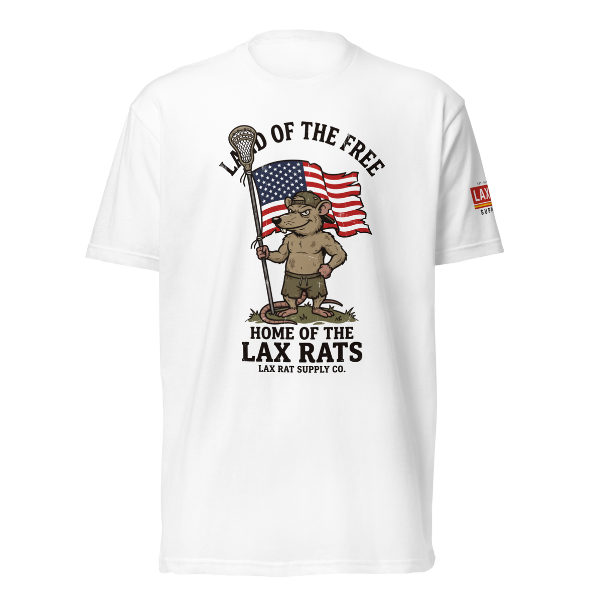 Land of the Free, Home of the Lax Rats Tee, lacrosse t-shirt from Lax Rat Supply Co. in white, front view