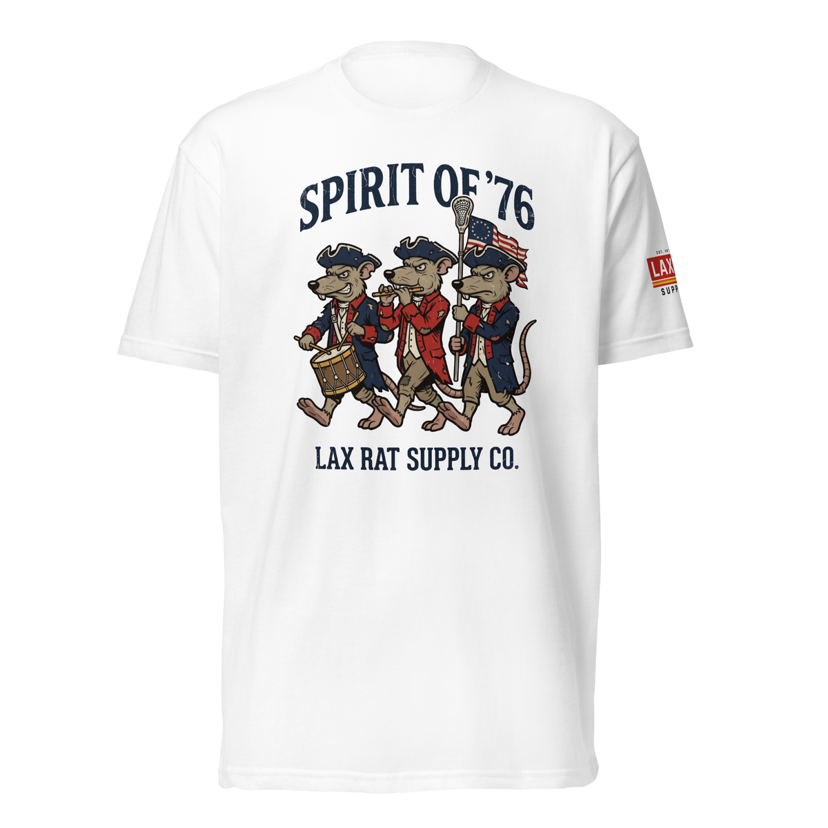 Spirit of '76 Tee, lacrosse t-shirt from Lax Rat Supply Co. in white, front view