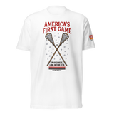 America's First Game Tee, lacrosse t-shirt from Lax Rat Supply Co. in white, front view