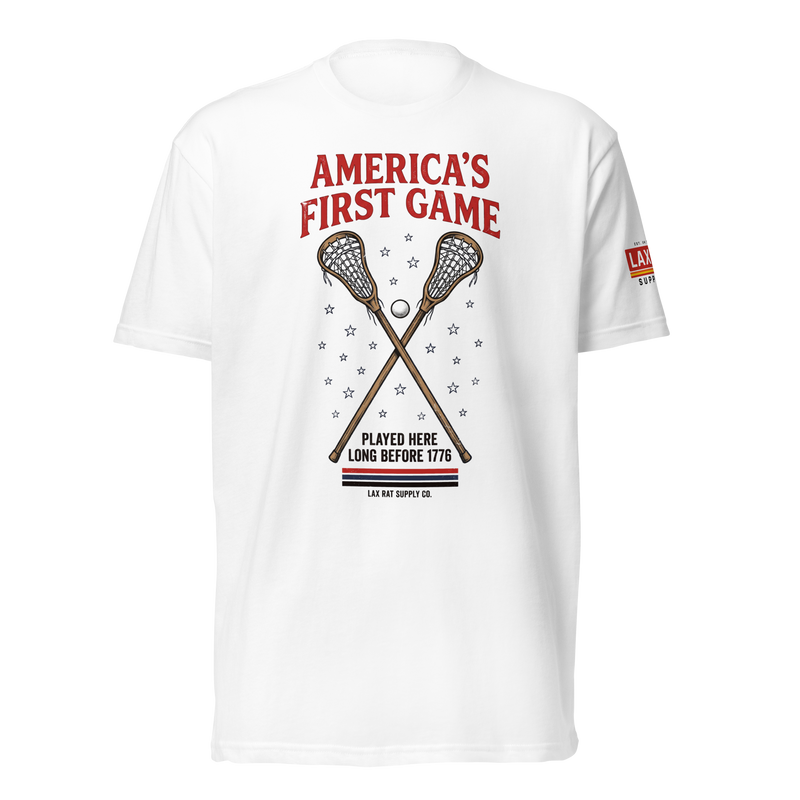 America's First Game Tee, lacrosse t-shirt from Lax Rat Supply Co. in white, front view
