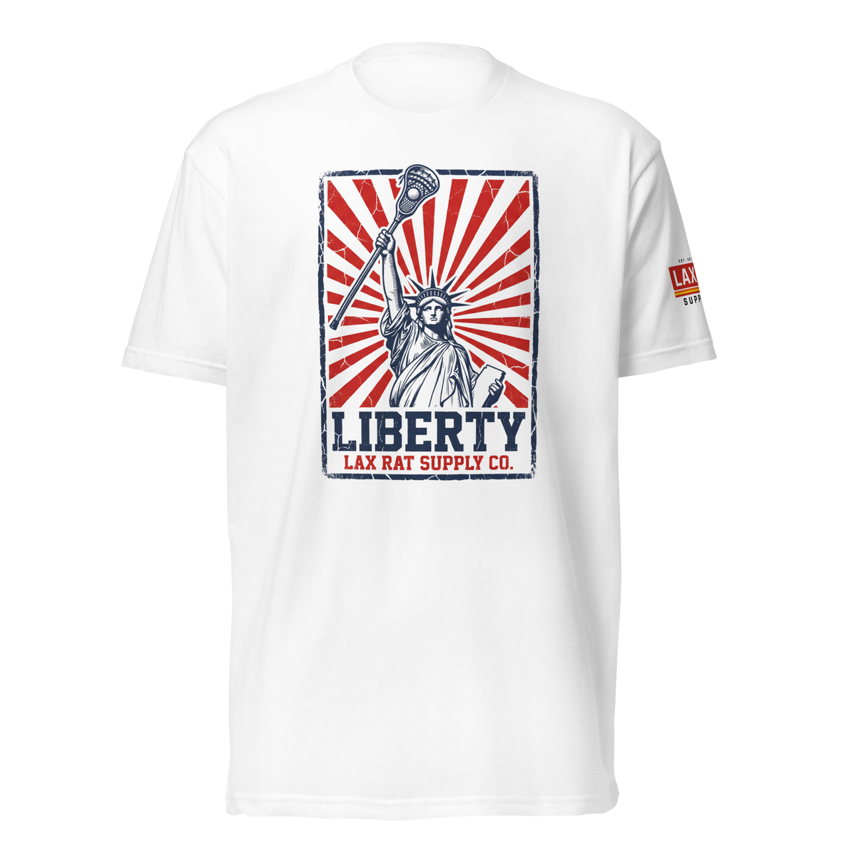 Liber-Tee, lacrosse t-shirt from Lax Rat Supply Co. in white, front view
