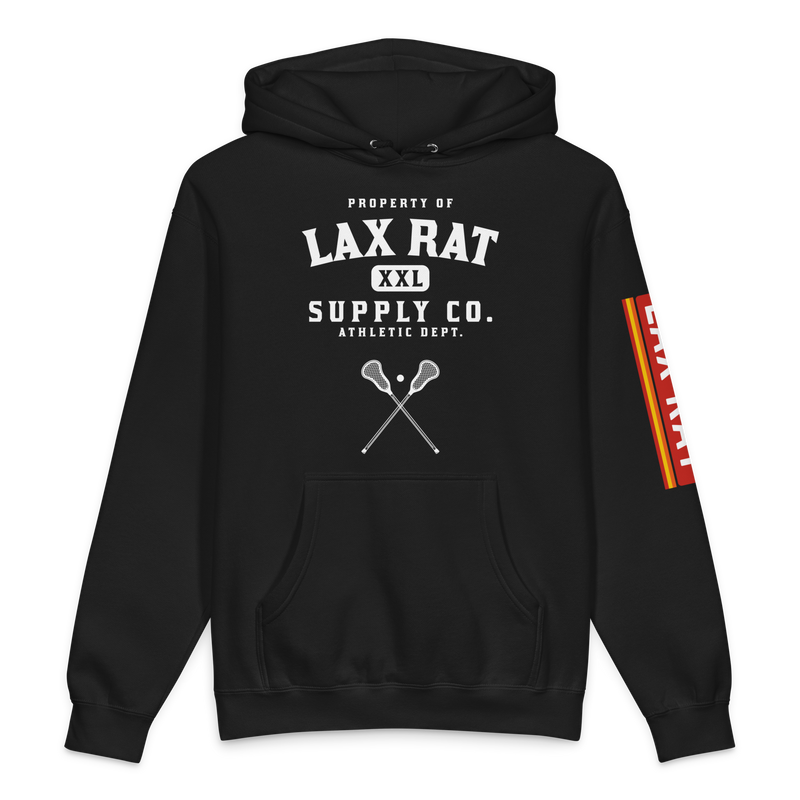 Athletic Dept. Hoodie, lacrosse hoodie from Lax Rat Supply Co. in black, front view