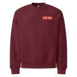 Le Jeu de la Crosse Crewneck Sweatshirt, lacrosse crewneck sweatshirt from Lax Rat Supply Co. in maroon, front view