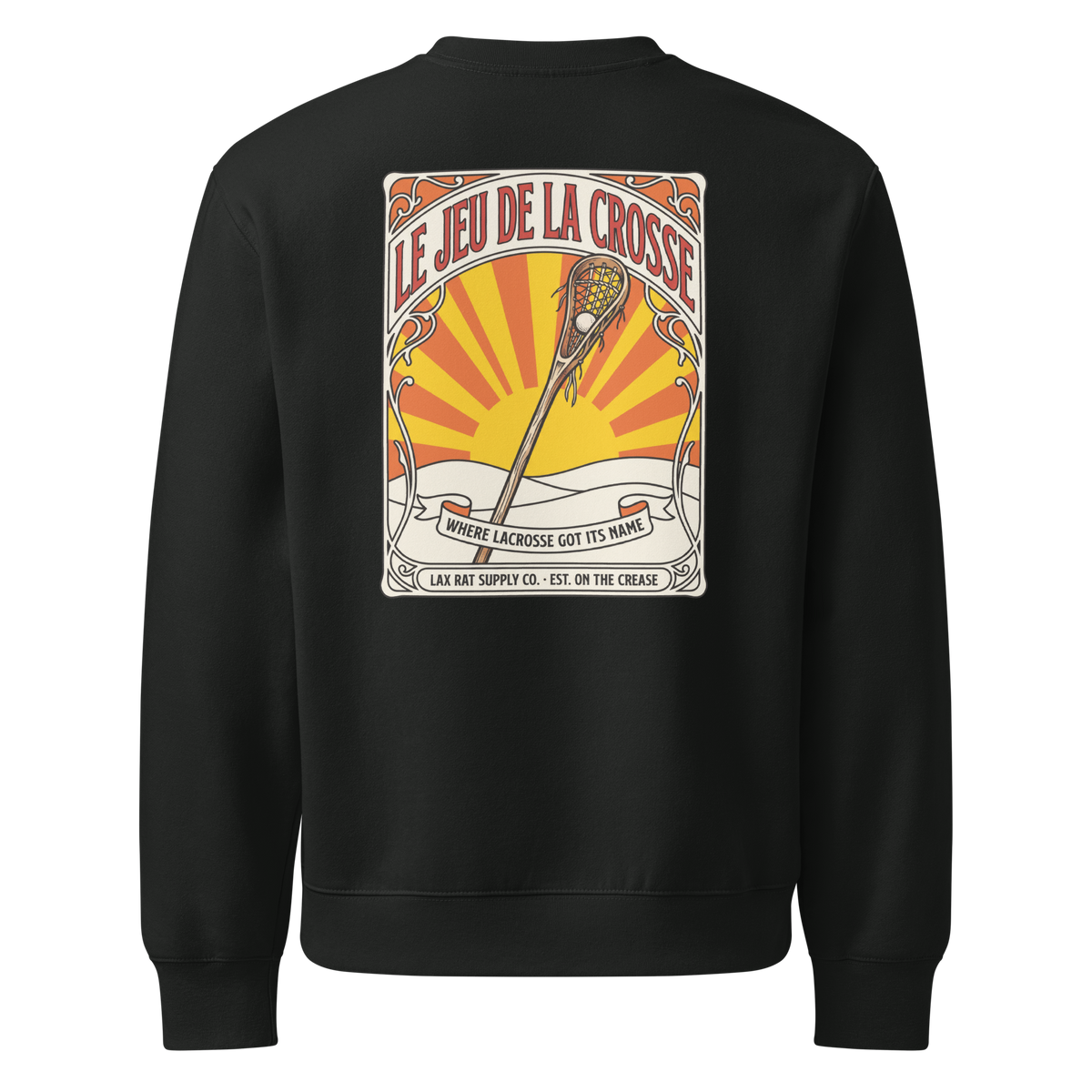 Le Jeu de la Crosse Crewneck Sweatshirt, lacrosse crewneck sweatshirt from Lax Rat Supply Co. in vintage black, back view