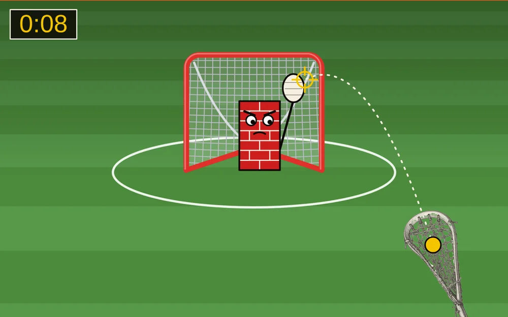 The Take a Shot game: a wooden stick aiming at the Brick Wall goalie